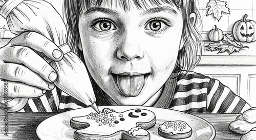 Excited Child with Tongue Out Decorating Gingerbread Man Cookies