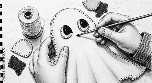 Monochrome Drawing of Hands Creating a Felt Ghost with Stitched Details