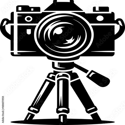 Camera on Tripod: An artistic representation of a camera mounted on a tripod, capturing a clear, uncluttered image. Demonstrating photographic precision and design.