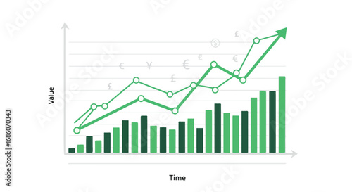 Visual data representation illustrating financial growth over a period displaying positive trend with bar and line chart indicating revenue