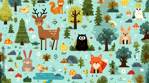 Cute cartoon woodland animals in a seamless forest pattern.