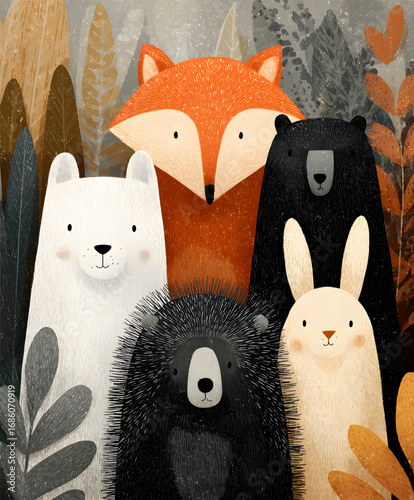 A charming group of illustrated woodland animals together.