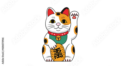 Vibrant rendition of a lucky cat figurine, embodying prosperity and fortune in a traditional cultural design, presented on a pristine white background