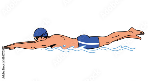Illustration depicting a swimmer in motion, showcasing the freestyle swimming technique in a minimalist style on a white backdrop