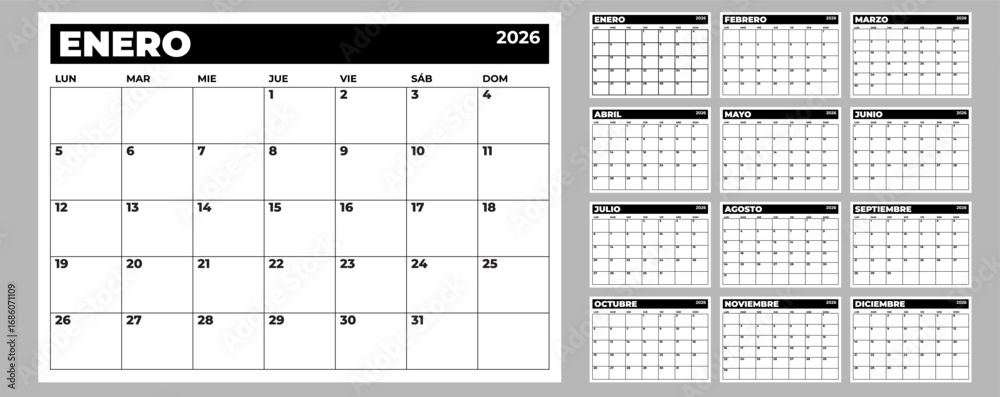 Black and white 2026 calendar template in Spanish with a clean and minimalist style, calendar for corporate or personal planning, ideal for scheduling and time management