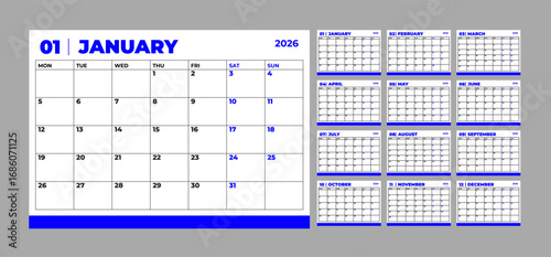 Versatile 2026 English calendar template in a clean and professional blue and white color scheme, calendar for corporate or personal planning, ideal for scheduling and time management