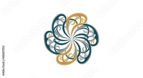 Abstract Floral Design with Spiraling Teal, Gold, and Silver Elements on Clean White Backdrop