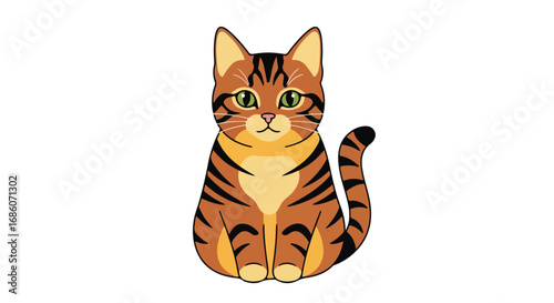 Animated tabby cat with expressive green eyes, set against a pristine white backdrop offers a charming visual, designed for children's illustrations