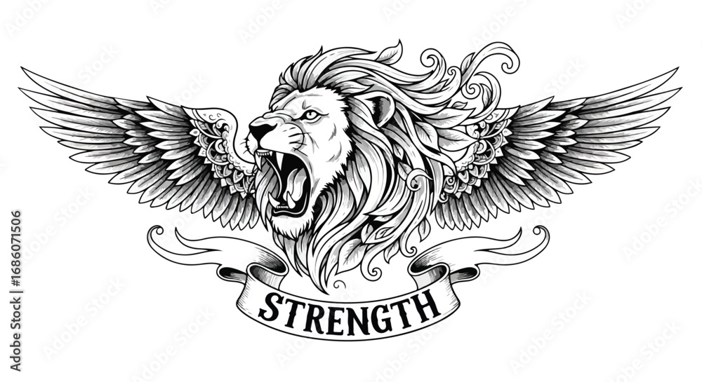 Fototapeta premium Majestic Lion Head with Outstretched Wings and a Banner Displaying the Word Strength in Detailed Line Art Style