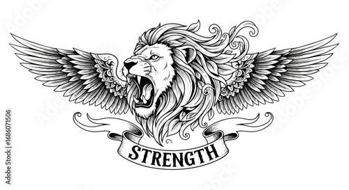 Majestic Lion Head with Outstretched Wings and a Banner Displaying the Word Strength in Detailed Line Art Style