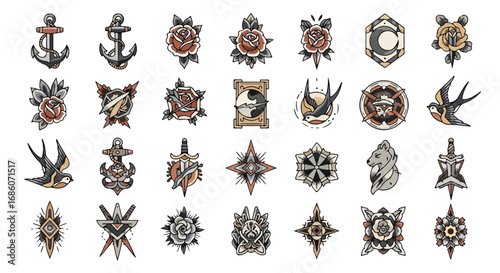 Collection of vintage tattoo designs with traditional motifs such as anchors, roses, birds, and geometric shapes, showcasing classic themes and