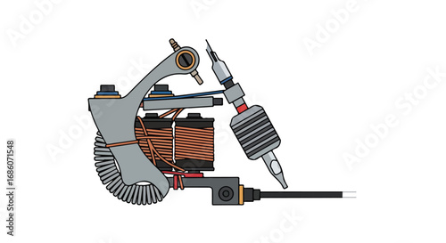 Detailed Tattoo Gun Illustration Showing Coils and Needle Cartridge on White Background Detailing the Intricate Design of the Inking Instrument