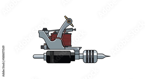 Detailed vector representation of a coil tattoo machine with precision craftsmanship and intricate components highlighted in meticulous detail