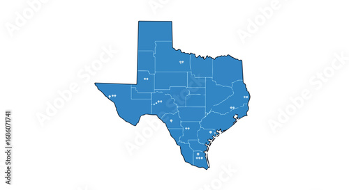 Detailed vector map of Texas featuring major cities in a stylized blue design against a plain background illustrating state borders and urban centers