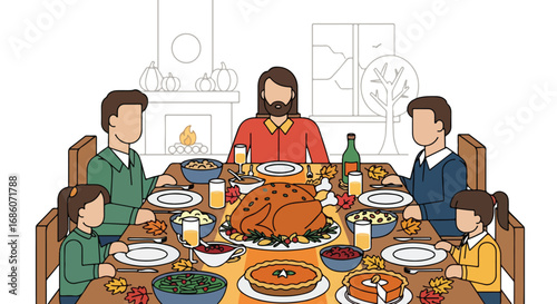 Illustration showcasing a family gathered around a Thanksgiving table laden with traditional autumnal dishes and a warm fireplace background