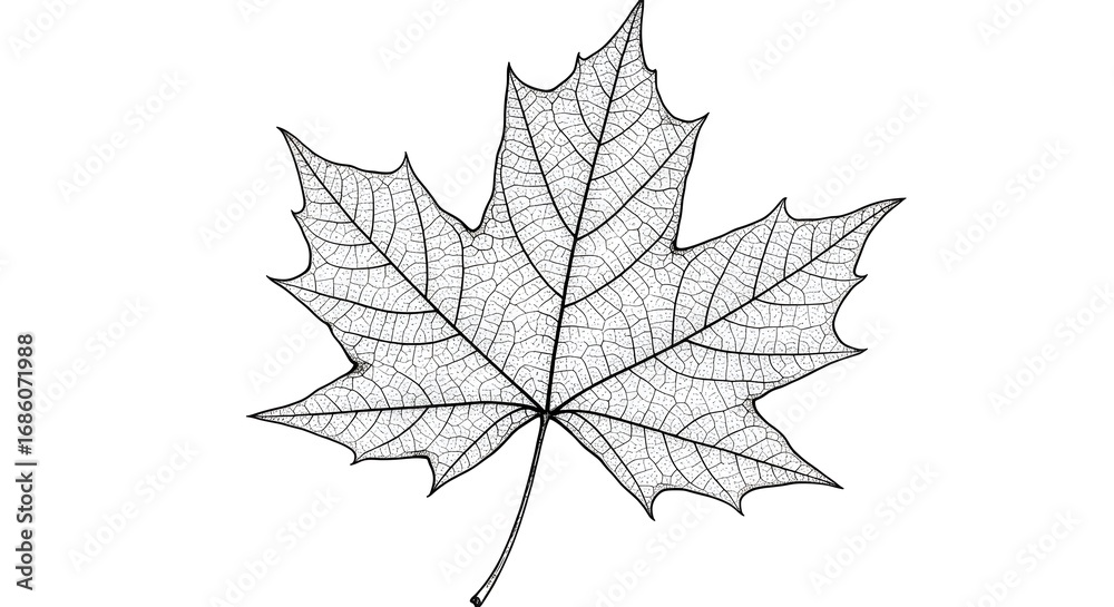 Fototapeta premium Detailed blackandwhite line drawing of a maple leaf with its intricate vein pattern visible against a plain white background