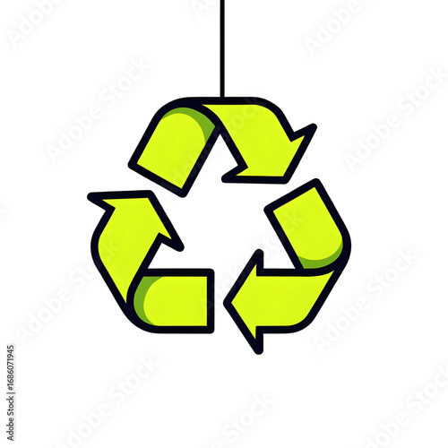 Green recycling icon on bright background, sustainability concept
