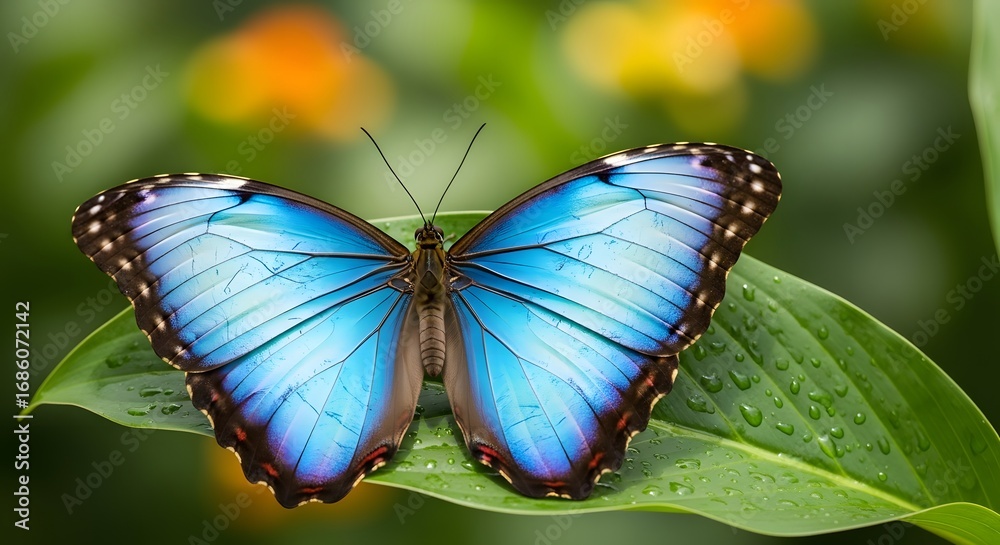 Fototapeta premium A vibrant blue butterfly with intricate wing patterns rests on a green leaf.