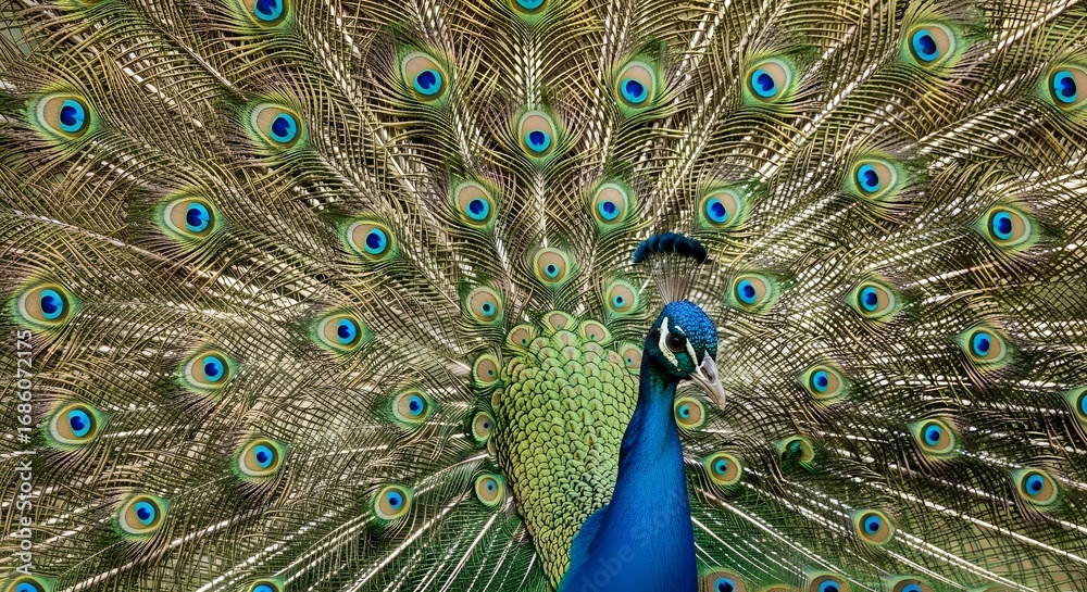 Obraz premium A vibrant peacock displays its elaborate, iridescent tail feathers in a full fan.