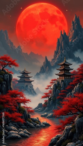 Serene Oriental Landscape with Pagodas, Bridge, and Majestic Mountains Under Red Sun