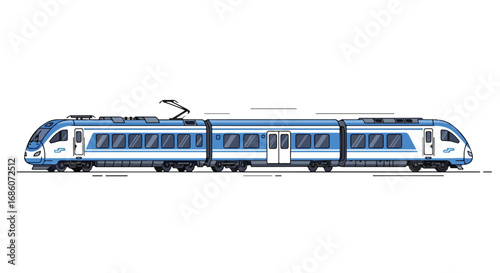 Detailed vector illustration showcasing a modern high-speed train in a minimalist blue and white design style