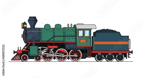 Retro Railway Illustration: A Colorful Depiction of a Classic Steam Engine on White Backdrop