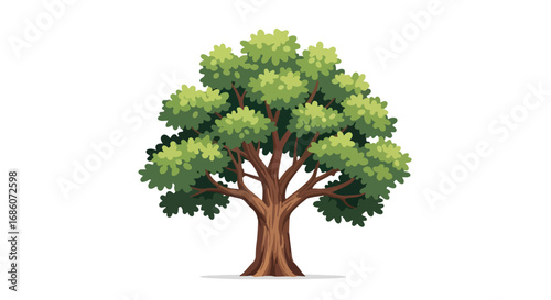 Stylized tree illustration with dense foliage and a sturdy trunk on clean background, perfect for nature-themed design elements, book illustration