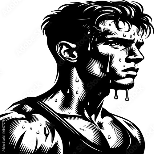 Intense Focus: A determined athlete, glistening with sweat, his gaze fixed with resolute concentration on the challenges ahead.
