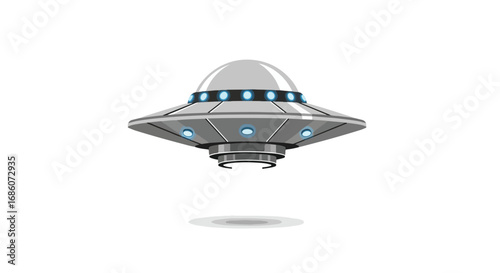 Whimsical rendition of a cartoonish ufo with glowing lights on a white backdrop