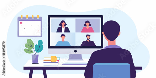 Man participating in a video conference call with colleagues from his home office setup