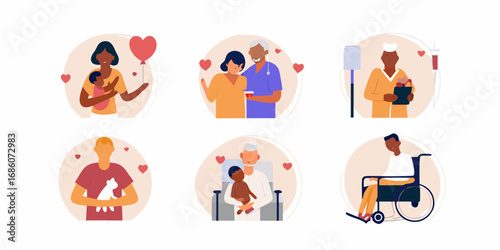 Diverse people receiving care and support from medical professionals and loved ones