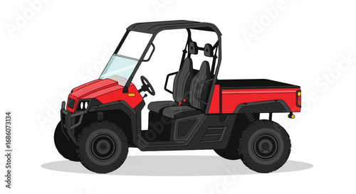 Vivid illustration of a red utility task vehicle featuring black accents and large off-road tires on a clean white background perfect for commercial