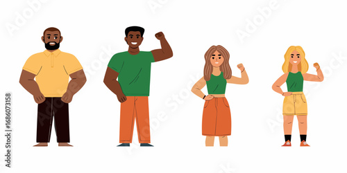 Diverse group of people standing together flexing their muscles showing strength and unity