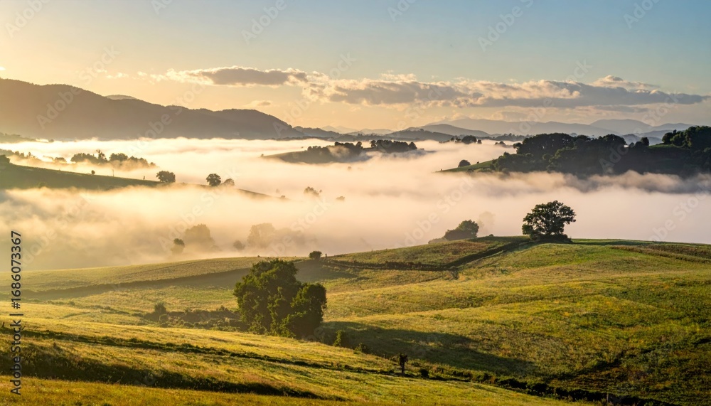 Obraz premium Misty Landscape with Rolling Hills and Golden Sunrise Over Fields