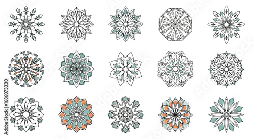Assorted floral mandala sketches evoke serene elegance and intricate patterns, blending nature and abstract designs for a tranquil aesthetic