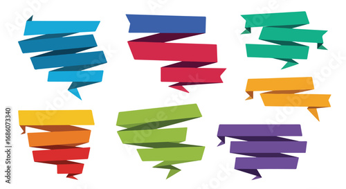 Vibrant collection of folded banner elements promoting sales messages and creative designs, suitable to use for websites and promotions