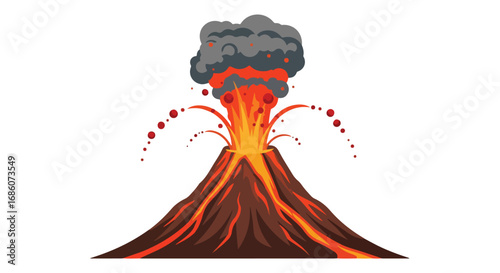Illustrative depiction of volcanic eruption featuring lava, smoke, and ash against a stark white backdrop, conveying geological power and natural