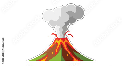 Stylized Volcano Eruption Graphic with Cartoon Smoke Cloud and Flowing Lava Illustration