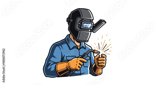 Skilled worker in protective gear welding metal with sparks creating a visual narrative of industrial craftsmanship and expertise portraying a sense