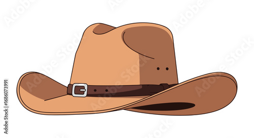 Illustrative depiction of a classic tan cowboy hat, showcasing its iconic shape and design in a stylized manner