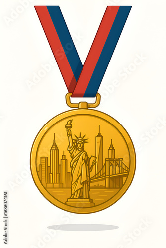 Golden medal with “NYC Marathon” design, ribbon, and city elements engraved.