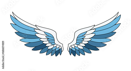 Stylized pair of blue and white wings, detailed plumage illustration with outlined edges, evoking freedom and ethereal beauty icon