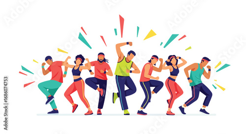 Energetic vector illustration of a group participating in a fitness dance class with colorful accents, promoting an active and healthy lifestyle