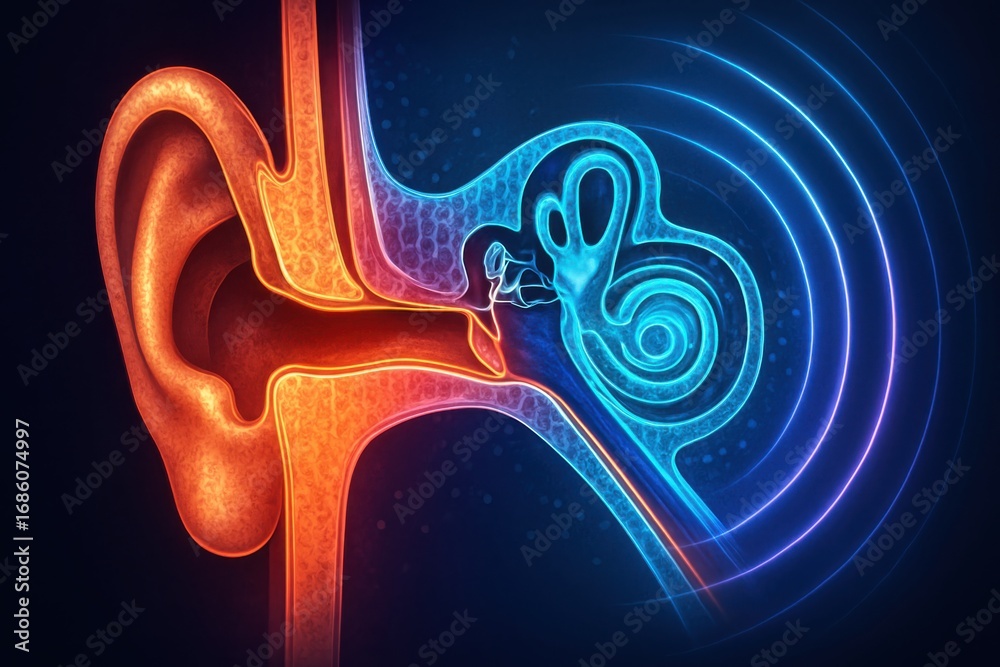 Obraz premium Detailed Anatomical Illustration of the Human Ear and Sound Wave Propagation