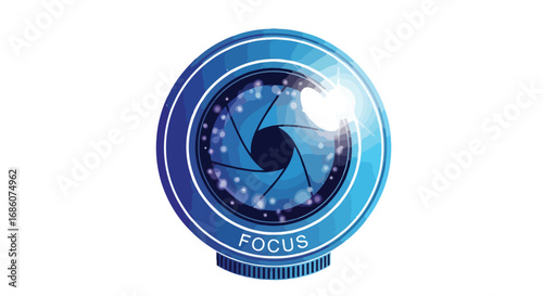 Blue lens illustration design for photographic equipment with camera aperture concept and focusing element for optics and visual technology