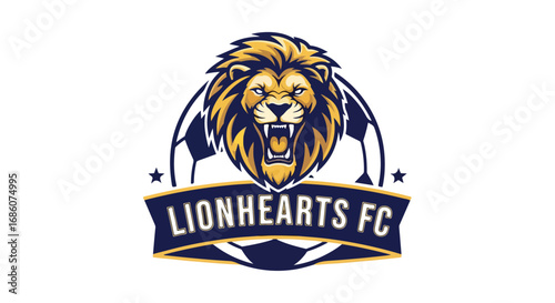 Lionhearts FC: A dynamic emblem of a roaring lion integrated with a soccer ball symbolising strength and sportsmanship