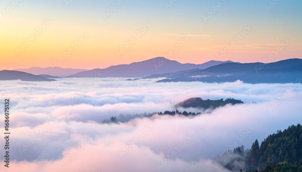 Fototapeta premium Serene Sunrise Over Misty Mountains and Clouds at Dawn