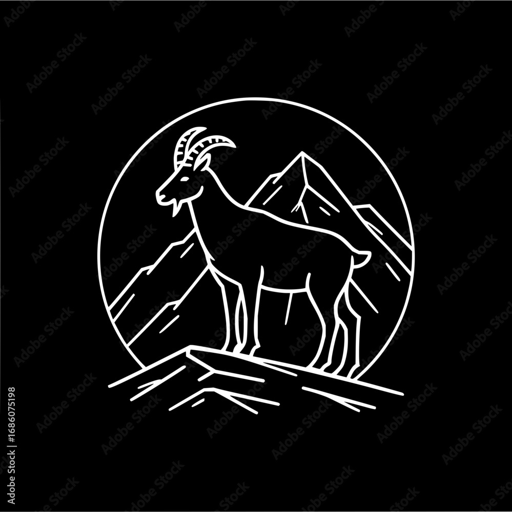 Fototapeta premium A white line drawing of a mountain goat standing on a peak with mountains in the background inside a circle