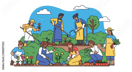 Illustrative depiction of a community garden with diverse individuals collaboratively cultivating plants and vegetables in vibrant outdoor setting