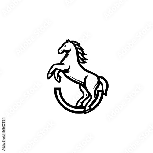 Illustration of a rearing horse with a flowing mane standing on a horseshoe in black and white style